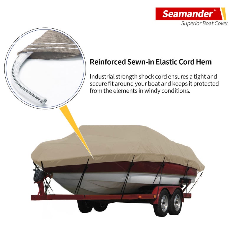 Seamander Waterproof Boat Cover, Solution-Dyed Yarn Marine Grade Cover Fits 14' to 16' ft Bass, V-Hull, Tri-Hull, Fish & Ski, Runabout Bowrider Boats - Heavy Duty Canvas Beige 90" Width - Image 4